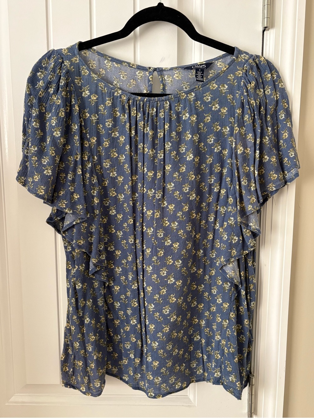 Chaps Blue Floral Ruffle Sleeve Blouse